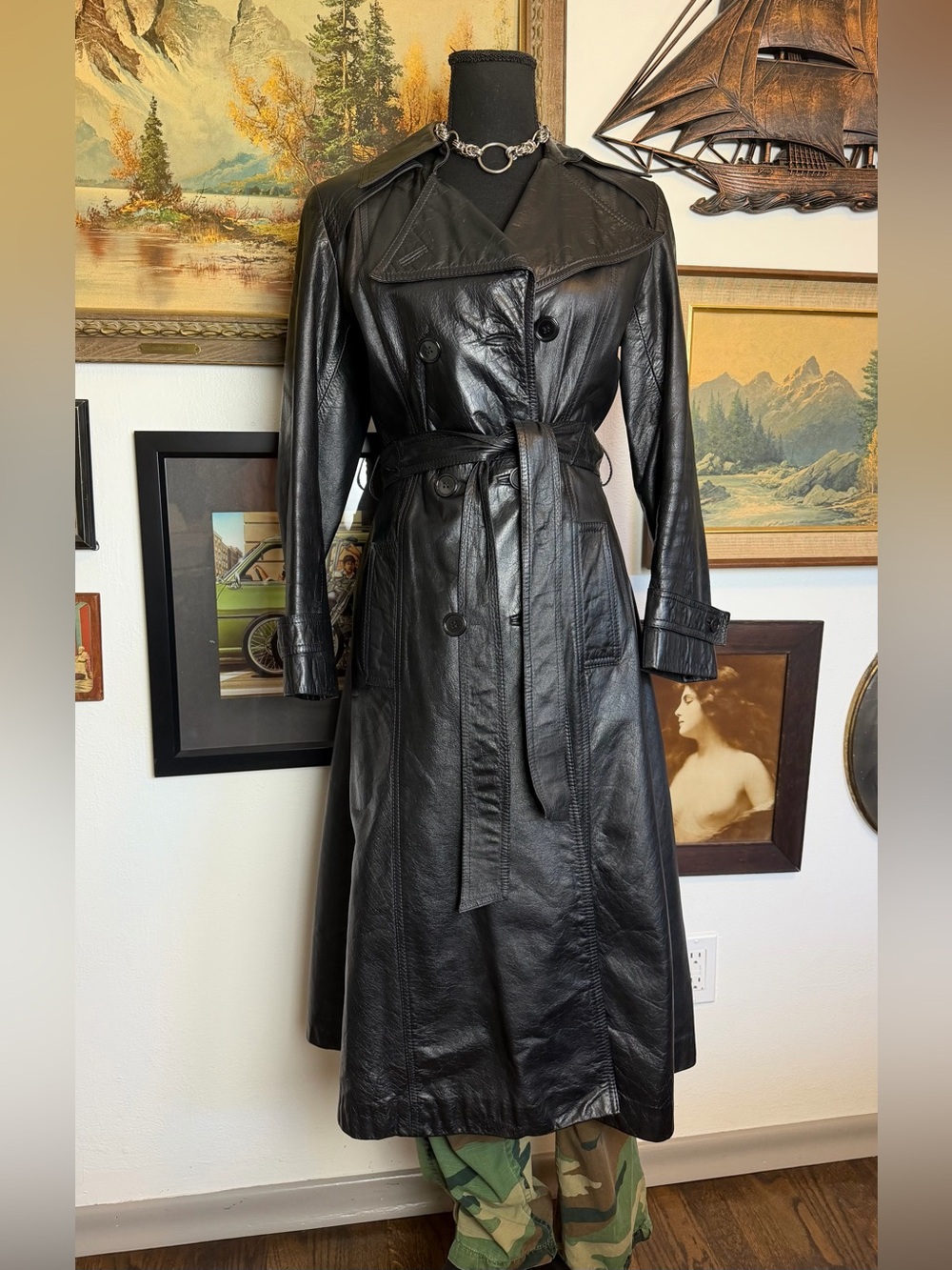 Vintage 1970s-80s Black Leather Belted Trench Coat XS-S